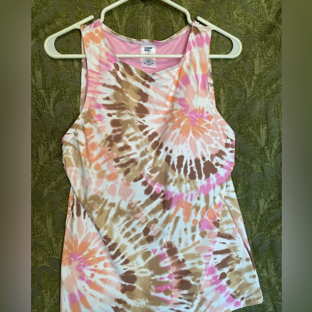 Pink/brown/tan/peach tie dye tankini top with shelf bra size 14 by Land’s End